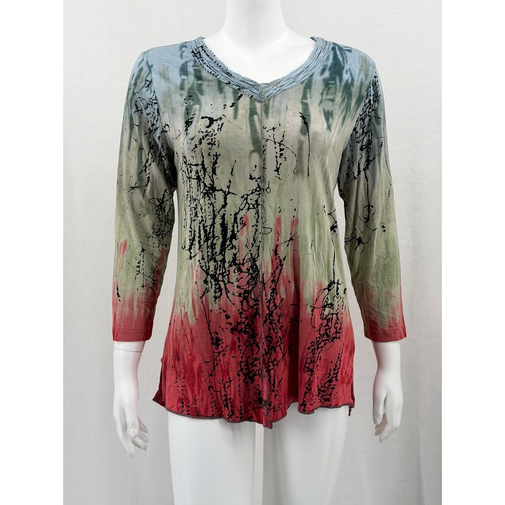 Parsley and Sage Top Womens Medium Petite Green Red Tie Dye Artsy Boho Stretch